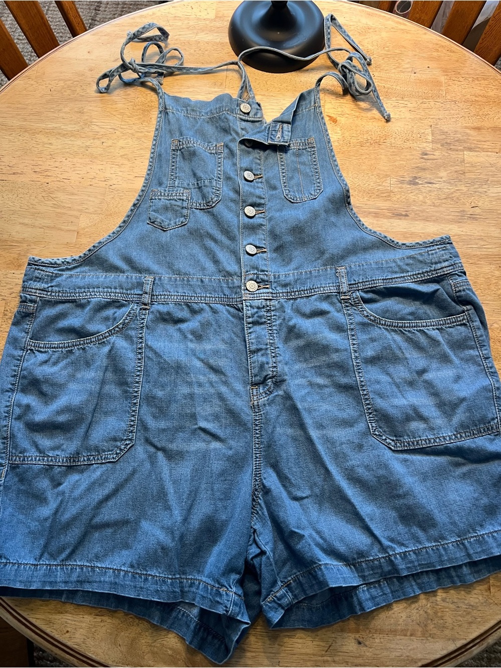 Denim Button-Front Short Overalls Tie Straps